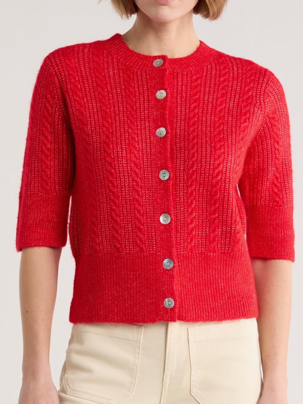 Sanctuary Red Cable-Knit Button-Front Short Sleeve Cardigan